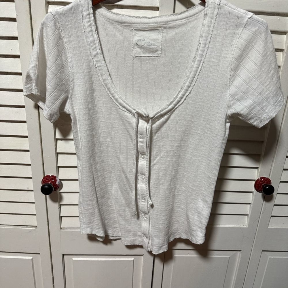 Aerie White Button-Down Blouse with Tie-Front
